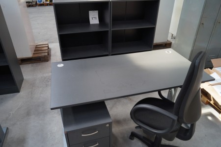 Sit / stand table with drawer and chair + 2. shelving
