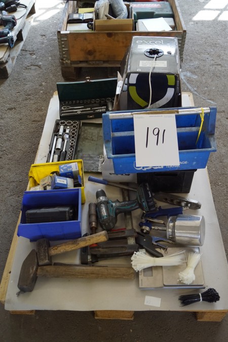 Various electric tools + box with wire, and more.