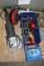 Large angle grinder + various tools stand unknown + box with rags