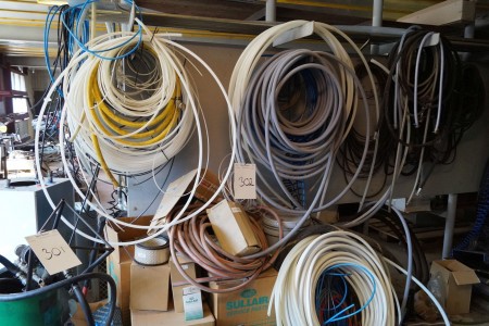 1 batch of alupex, filters, air hoses and V-belts, pump, wheelbarrow, hydraulic pipes, and more