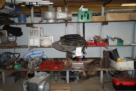Contents in three shelves, blower motor, pipe fittings, hoses and more