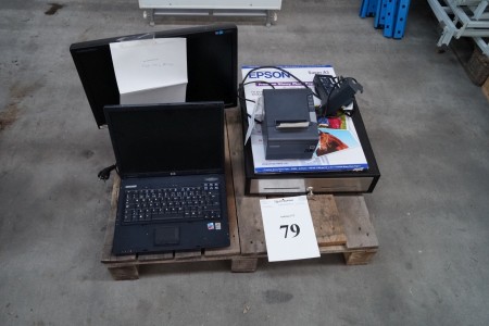HP Compaq nx6110 Notebook PC + Samsung Bildschirm (sehr dunkles Bild) + Schublade Kassenschublade + + Epson TM-T88V Etikettendrucker