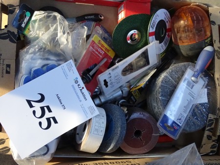 Box with various tools: Grinding wheels, screwdrivers, saw blades, gloves, etc.