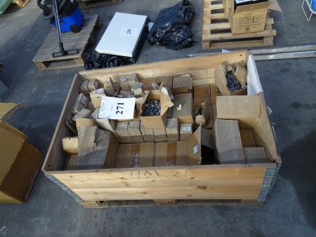 Pallet with various steel nuts, steel bolts, washers, etc.