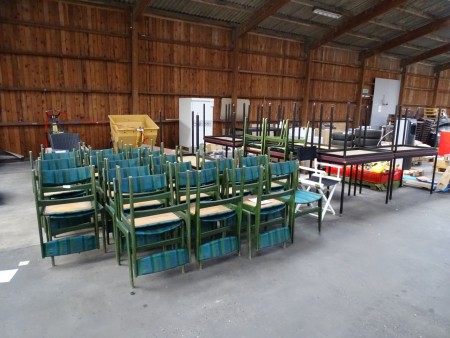 13 pieces, Cafe Tables, 60 x 120 cm + 35 pcs. Chairs + 1. Director Chair + 7 tables with loose legs