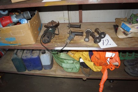 Shelf with electric plug, angle grinder, straps and more