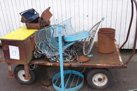 Trolley with various tool boxes + pallet with tool boxes + pallet with welding cables