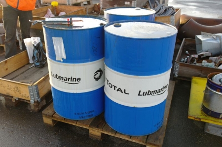 (4) 200 l drums, Disola W15W/40 Lubmarine (of 2 sealed) + (1) 50L IOF Spezialreininger RF