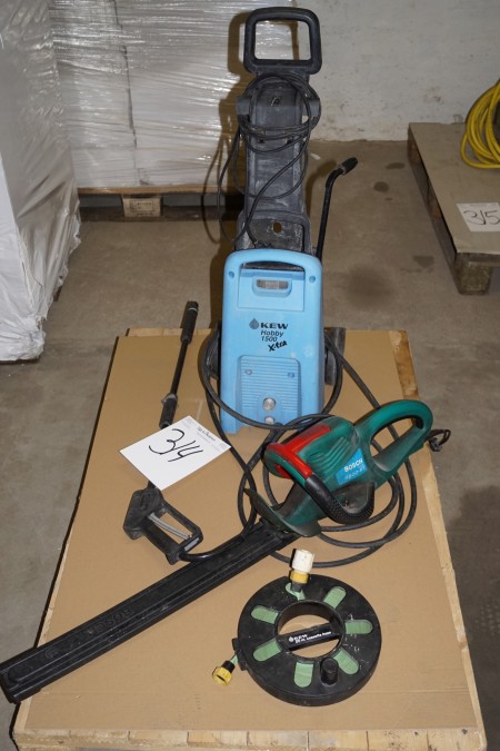 High pressure cleaner labeled: KEW 1500 hobby + electric hedge trimmer labeled: BOSCH model: AHS 4800-ST + water hose