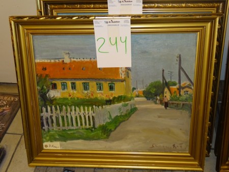 Painting. Street in Skagen. Aage Bernhard Frederiksen. Ca. 55x70 cm.