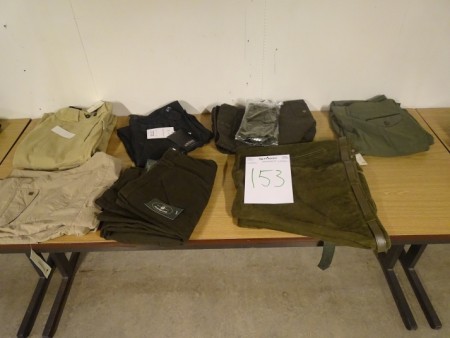 7 pairs of pants - including Deerhunter str 62, 4 pairs Deerhunter str 60, unknown mrk. Str. 60, Woodline size 60 etc.
