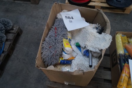 Crate with mops and swallow cloths.