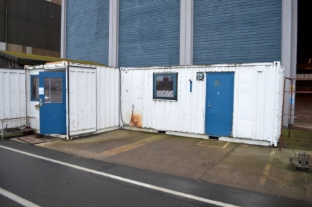 Two Profiled steel sea containers (used as on welding repair shop) each 6mtr x 2.5mtr with 2-external/1-internal doors,2-windows,lights, power sockets and contents including racking,benches,vices and welding repair equipment