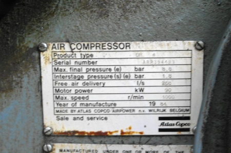 Compressor Plant in a container, Atlas Copco. Max final presure: 8.8 bar. Interstage presure: 1.8 bar Motor power: KV 90th Max speed R / min: the 1000th Finishing Container: 1930 kg. Compressor container: 3825 kg