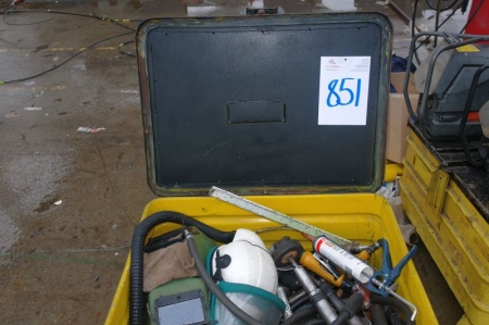 Steel box with about 10 air tools + welding helmets + machine jack