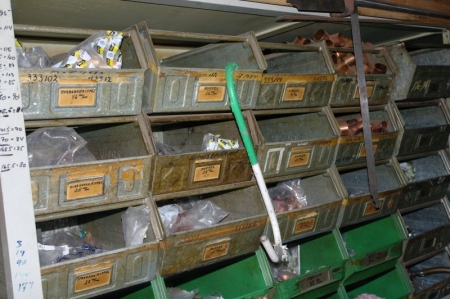 (2) section + assortment rack, steel boxes, containing: klemfittings, gun metal, bolts, stainless steel, etc.