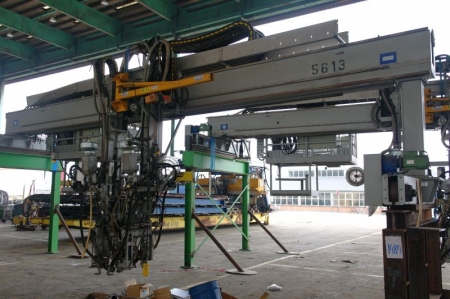 Esab 2-head Gantry Welding System; for welding of Container Ship Panels; Including: Gantry 9.8 M Wide; (2) remote controlled Twin Head Welding Units; 2 M Per Minute Welding Capacity; Flux System, (4) Esab A2-A6 Process Controllers. Control Panels; and 125