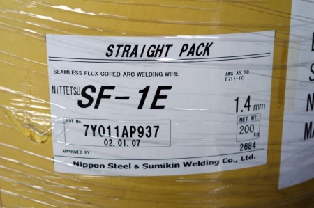 Pallet of welding rod, Straight Pack SF-1E, 1.4 mm. Seamless Flux Cored Arc WeldingWire, 200 kg