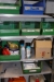 Remaining in corner and (3) section steel rack and drawer: hand tools: rock drill oil, methylated spirits, wooden wedges, lubricants, Leak Detector + parts for fresh air