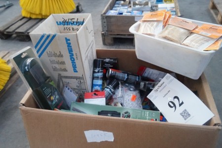 Mixed box - spare parts for lawn mower, spray for car, mouse traps, rawplugs, tape etc.