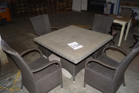 Garden table with tiles and hole for parasol 73x100x100 cm + 4 pcs wicker chairs with armrests