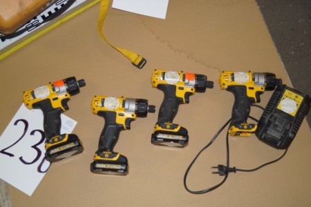 4 pc screwdriver with charger and 3 batteries labeled DeWALT