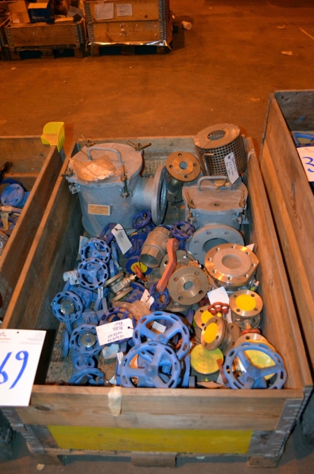 (1) Pallet Containing various brass &steel hand wheel valves and 2-BJM strainer filters