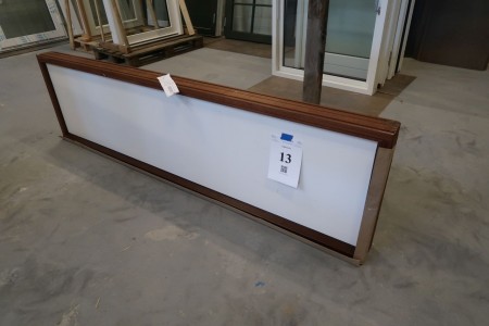 Wooden window, mahogany with white plate, H60,5x220 cm. Frame width 11.5 cm
