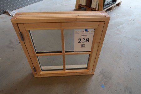 Wood window, untreated, H67,5xB65,5 cm, frame width 11,5 cm. With groove for bottom piece