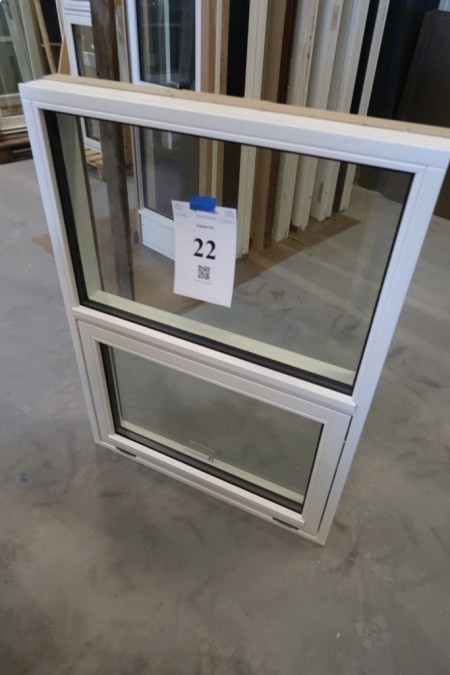 Holzfenster, weiß / weiß, H115xB85 cm. Rahmenbreite 11,5 cm. Mit einem offensichtlichen Rahmen. Modell Foto