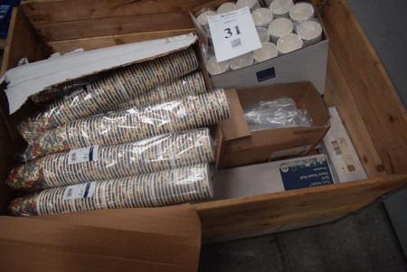 Large lot of cups, plastic bags, toilet paper etc. INFO: Pallet and pallet frames are not included.