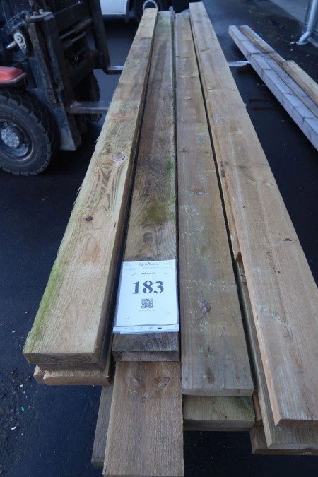 67 meter tømmer. Trykimprægneret. 35/50x150 mm. Længde: 1/360, 12/450, 1/480, 1/540 cm