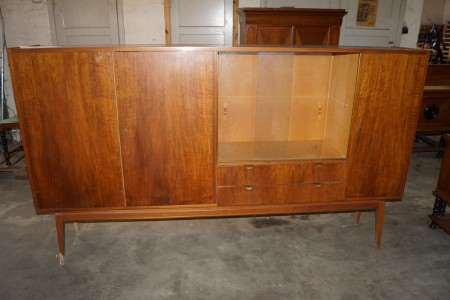 Tall sideboard, teak veneer, glass shelves missing, d: 40 b: 240 h: 140 cm
