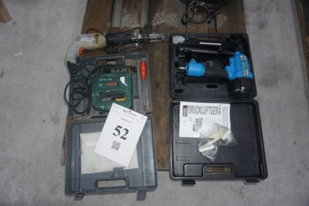 Various power tools: BOSCH jigsaw. Air gun + clamp.