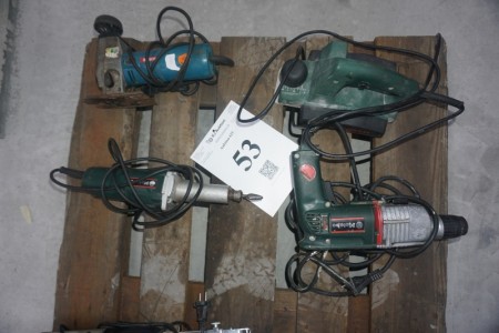 Various power tools: Metabo screwdriver, BOSCH grinder, BOSCH jigsaw etc.