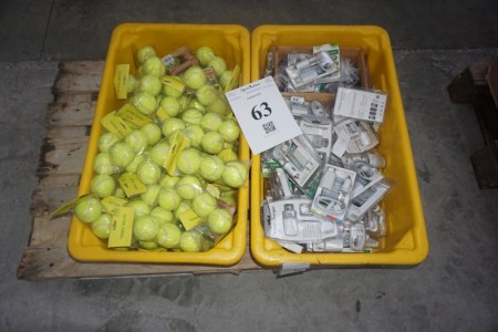 Box of iPhone chargers + lot of tennis balls