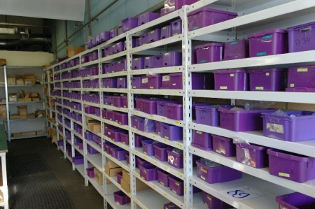 9 section steel shelving D: 40 cm H: 200 cm W: 86 cm plastic boxes containingsemifinished products, etc.