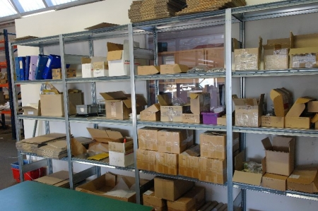 4 section steel shelving D: 50 H: 210 containing various intermediate products + cardboard boxes, etc.
