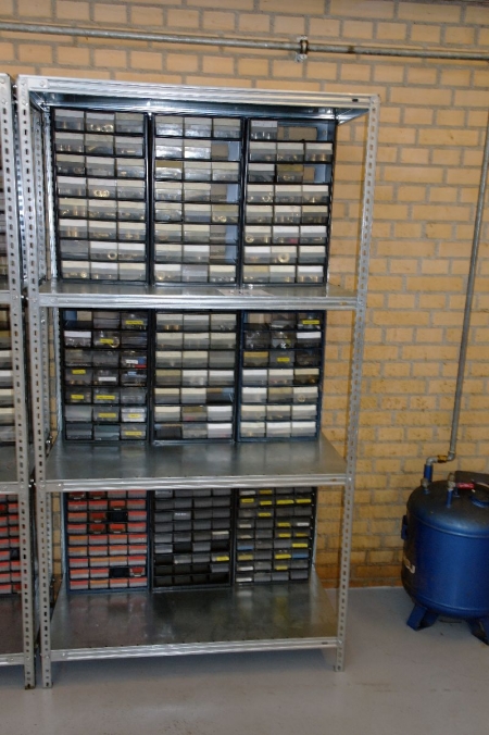 1 section steel shelving containing 9 pieces assortment cabinets containing various fittingsetc.