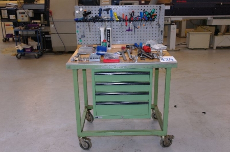 HUNI workshop table on wheels with 4 drawers, tool panel containing various hand tools, tool posts, collets, etc.