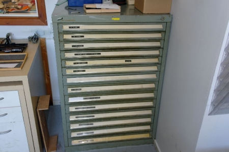 Vidmar drawer cabinet containing various inspection stamps and rings