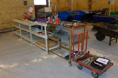 Steel trolley containing tools fresh air equipment, etc. + trolley with content + 3 section steelshelving