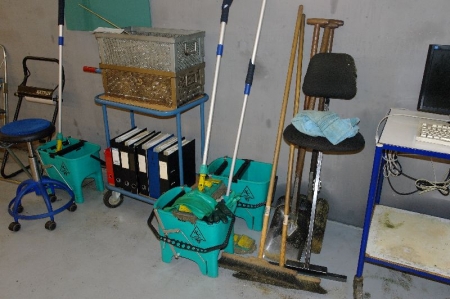Various brooms, shovels, cleaning tools, paper roll racks, etc. along the wall