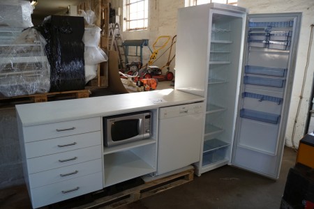 Kitchen cabinets with dishwasher and microwave, refrigerator