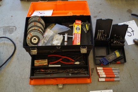 Toolbox with various drills + washers, etc.
