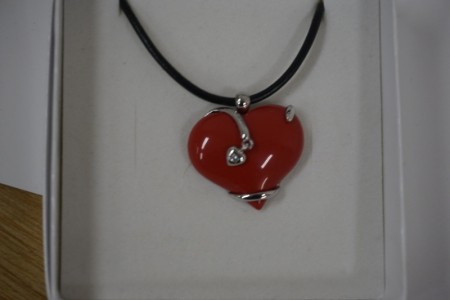 Leather necklace w / silver pendant, red coral and CZ stone