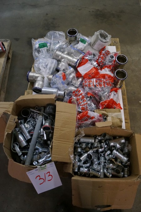 Pallet with various pressure fittings, in various sizes for plumbing + various pipe supports, and more