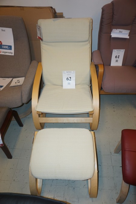 Lounge chair with ottoman. Model: Bob. Color: sand colored fabric. On plywood frame.