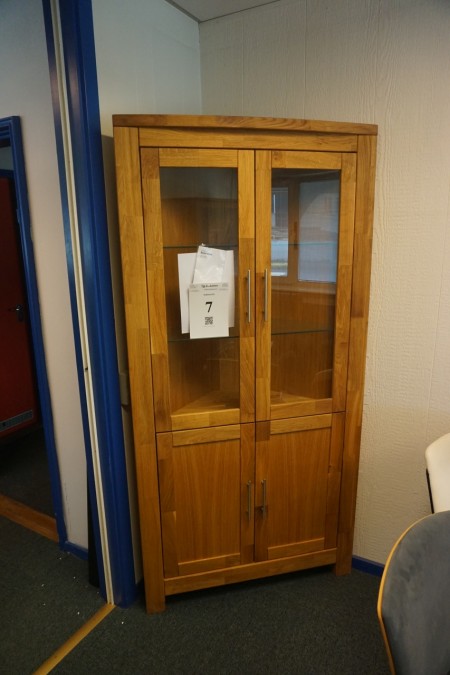 Corner cabinet. Oiled oak. With spot and transformer. Dimensions: 195x95x70 cm. New