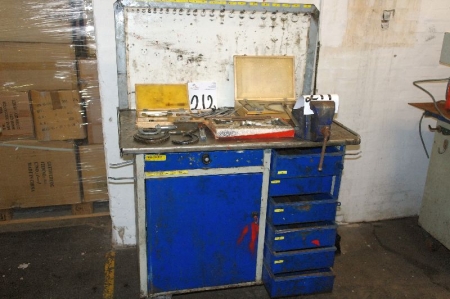 Workshop table on wheels with shelves and drawers + vice + tool board
